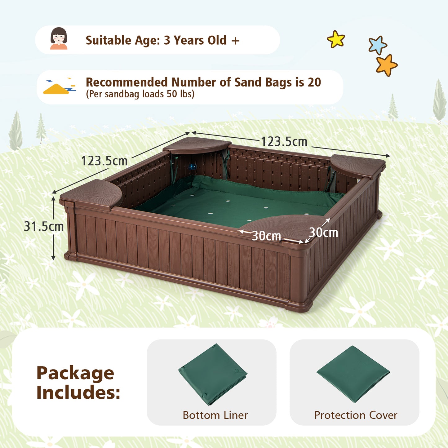 Kids Sandbox with Cover 4 Corner Seats-Brown