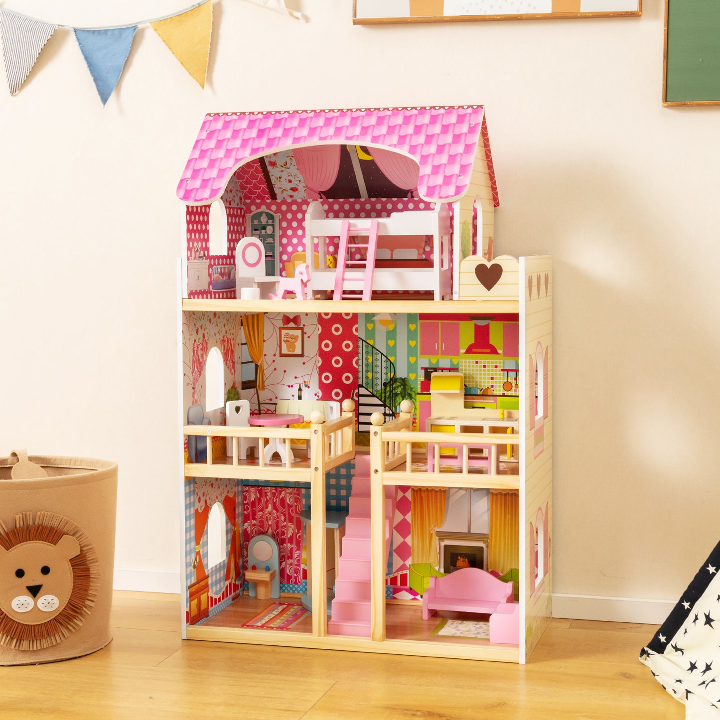 Wooden DIY Pretend Dream House for Children Over 3 Years Old-Pink