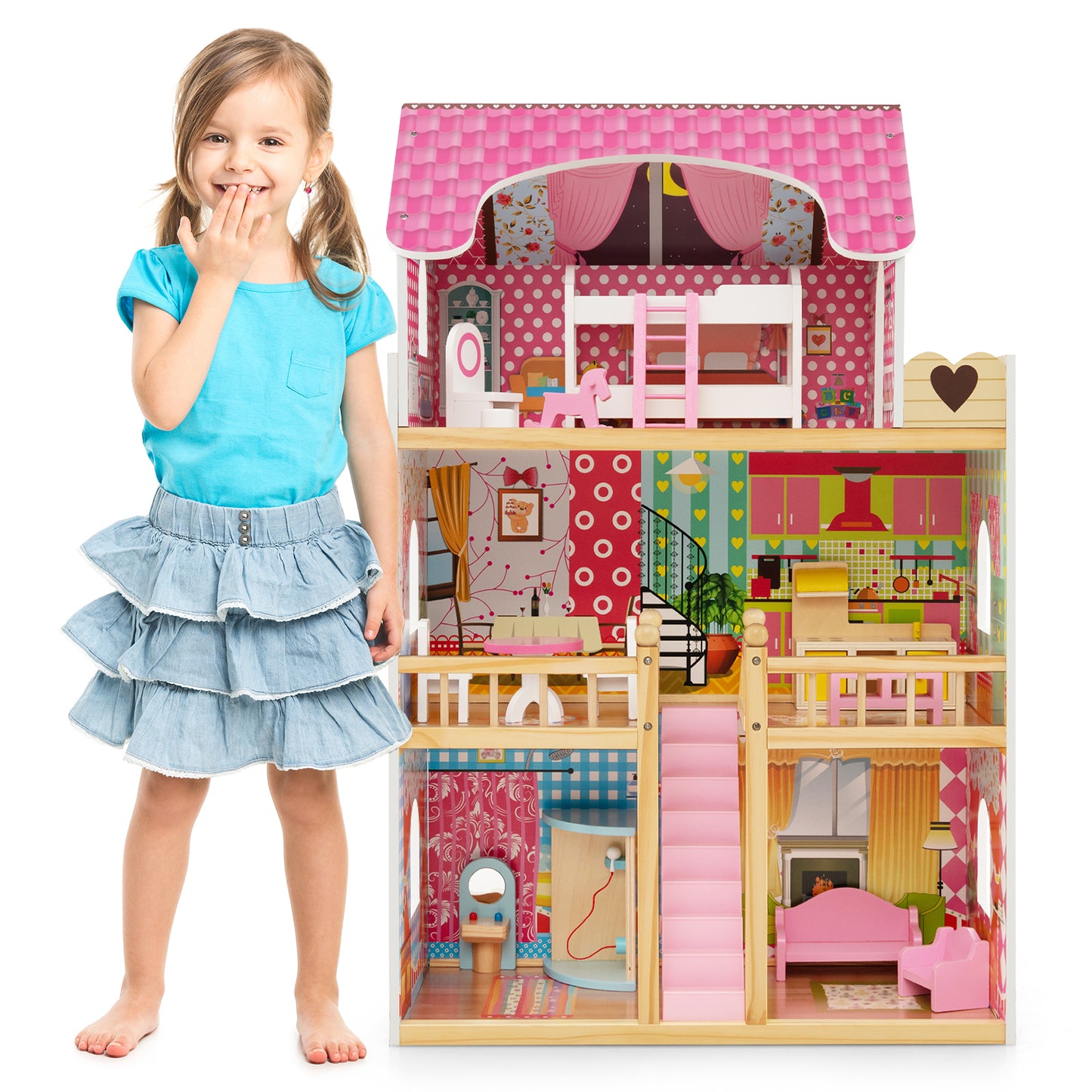 Wooden DIY Pretend Dream House for Children Over 3 Years Old-Pink