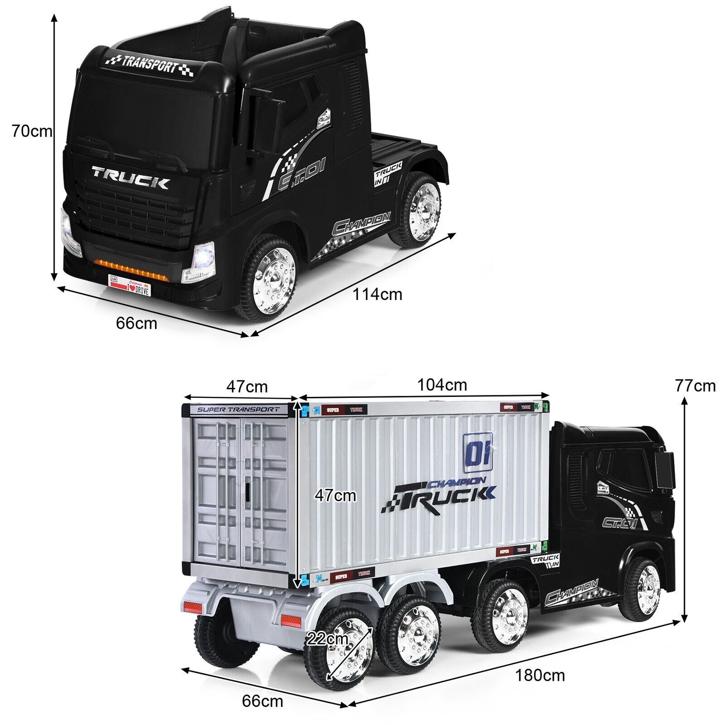 12V Ride-On Semi-Truck with Container for Kids of 3-8 Year Old-Black