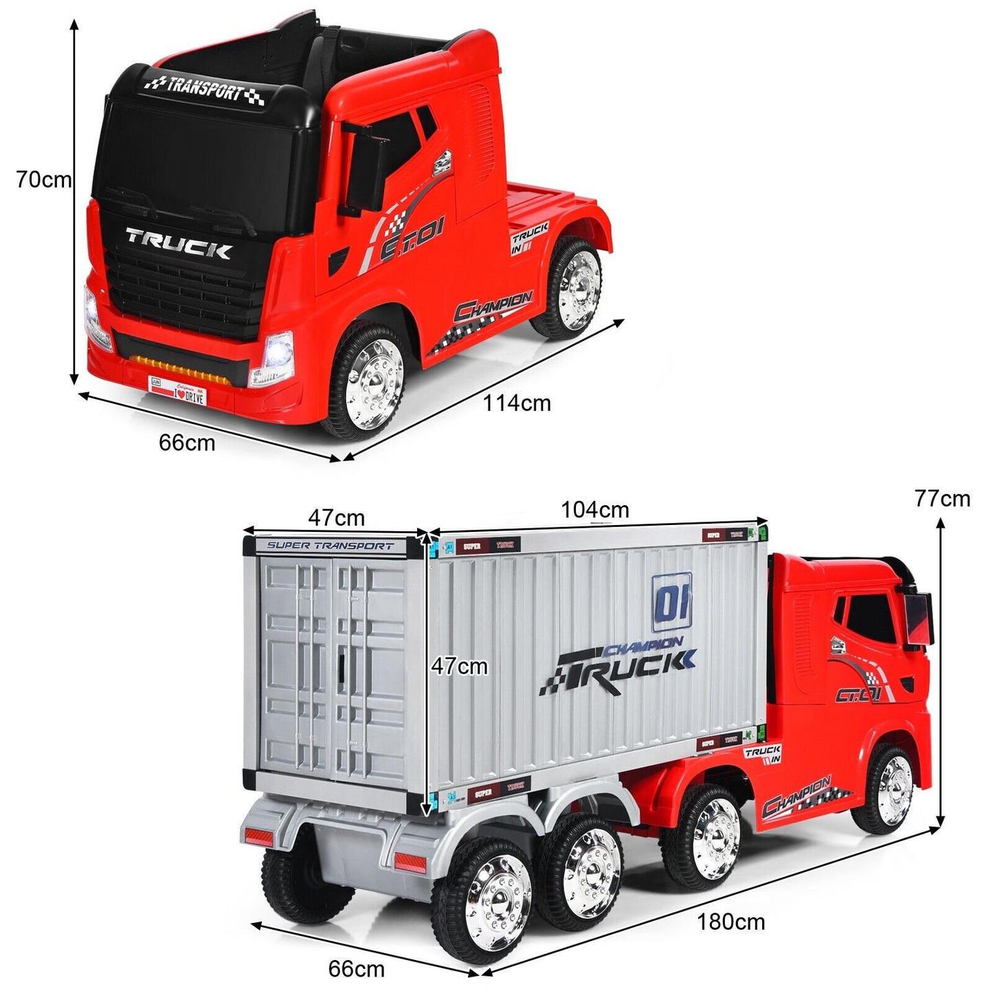 12V Ride-On Semi-Truck with Container for Kids of 3-8 Year Old-Red