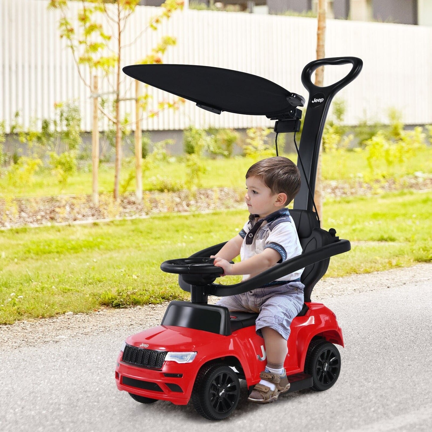 3-In-1 Kids Ride-On Push Car with Adjustable Visor-Red