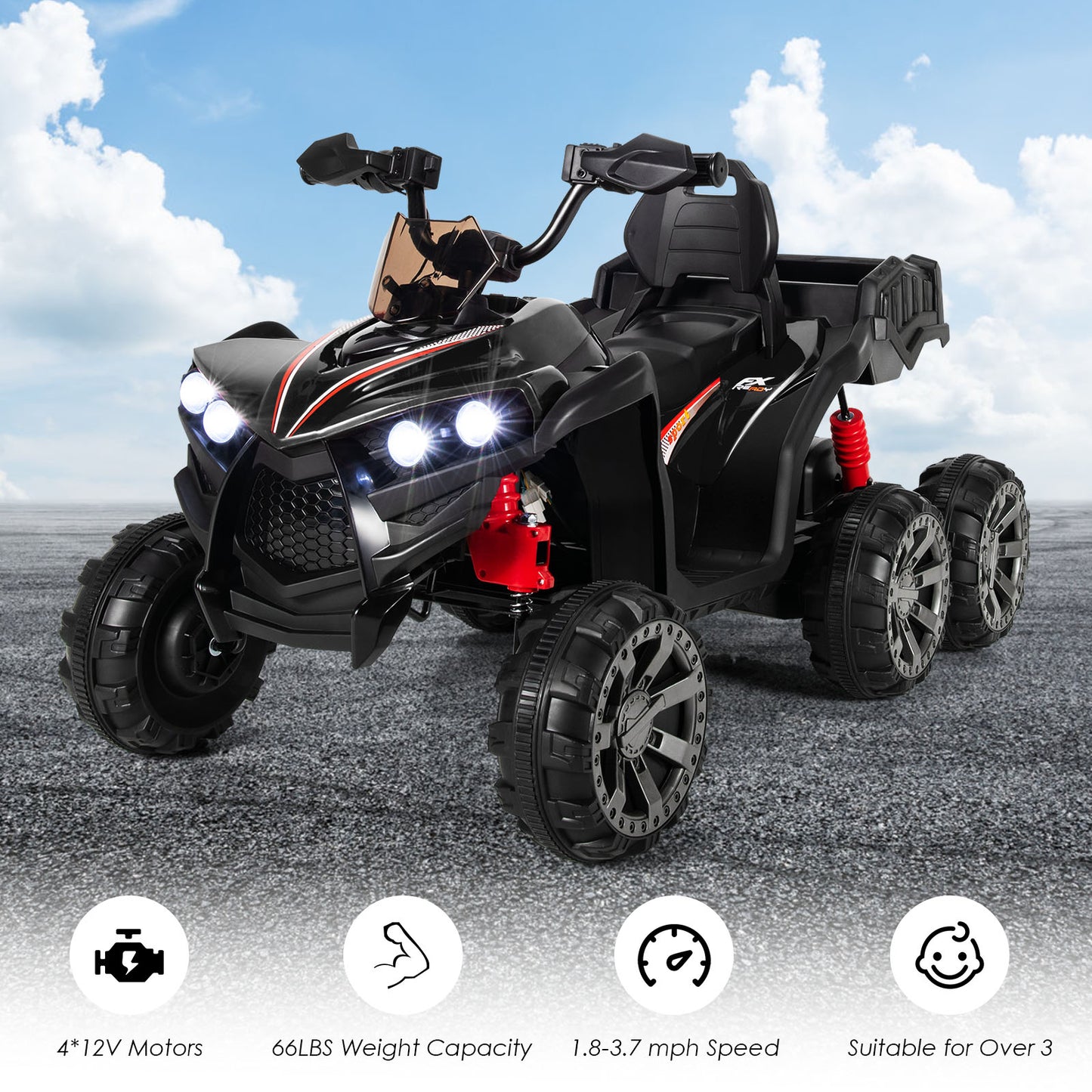 6 Wheels Kids Electric ATV with 4 Motors-Black