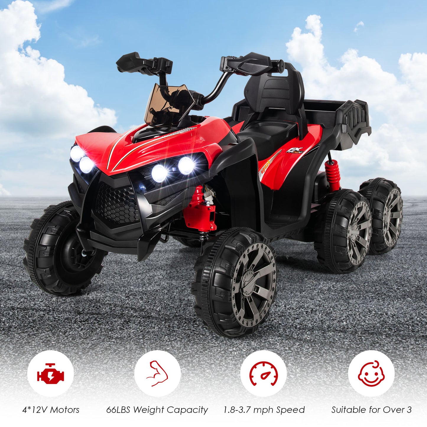 6 Wheels Kids Electric ATV with 4 Motors-Red