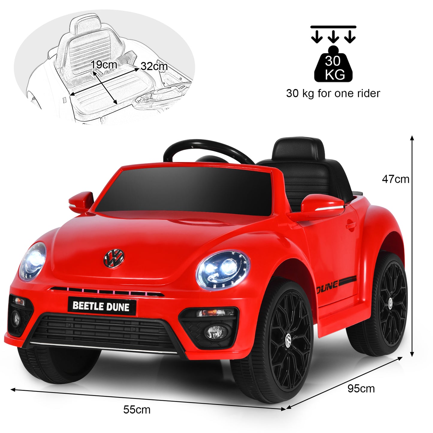 12V Volkswagen Beetle Electric Kids Ride On Car with Remote Control-Red