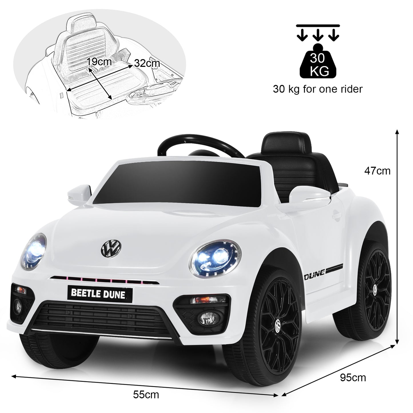 12V Volkswagen Beetle Electric Kids Ride On Car with Remote Control-White