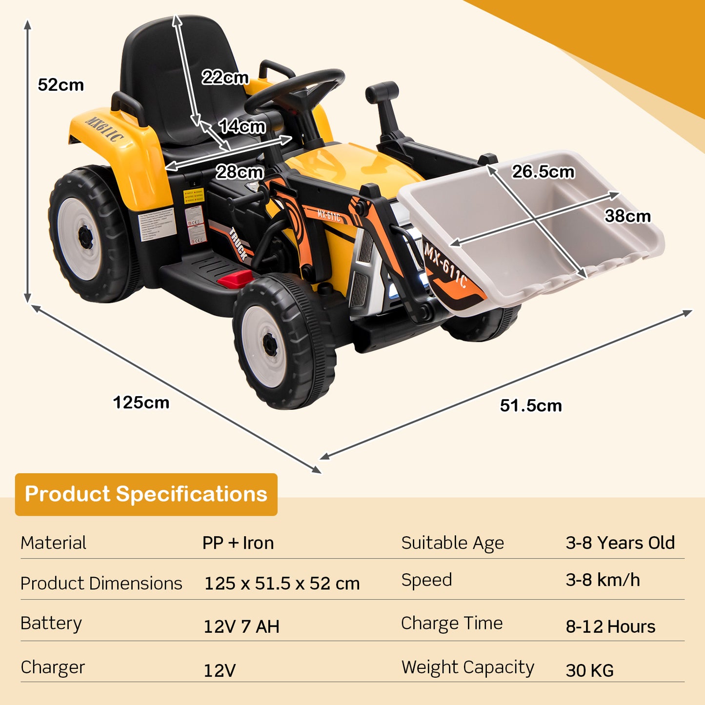 12V Battery Powered Loader Digger with Adjustable Arm and Bucket-Yellow