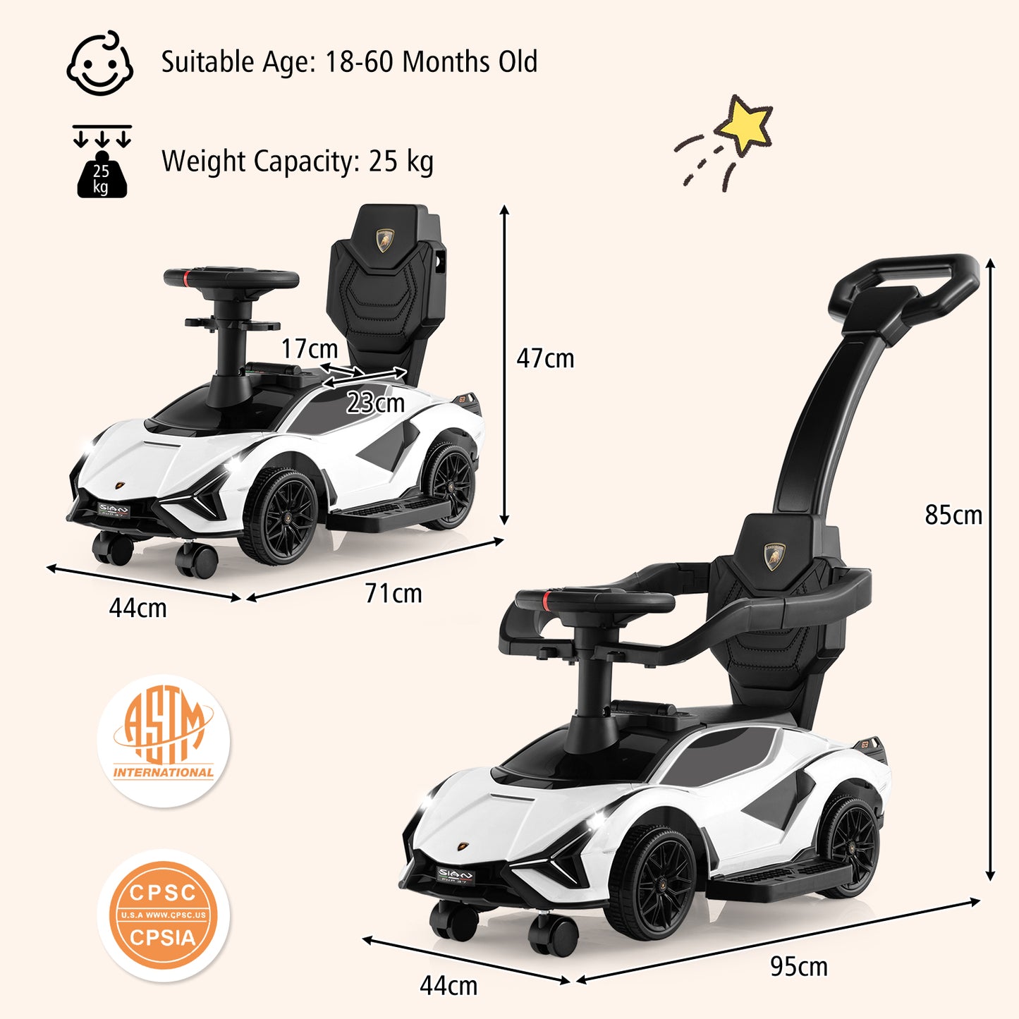 3-in-1 Ride On Push Car with Removable Guardrails and Handle-White