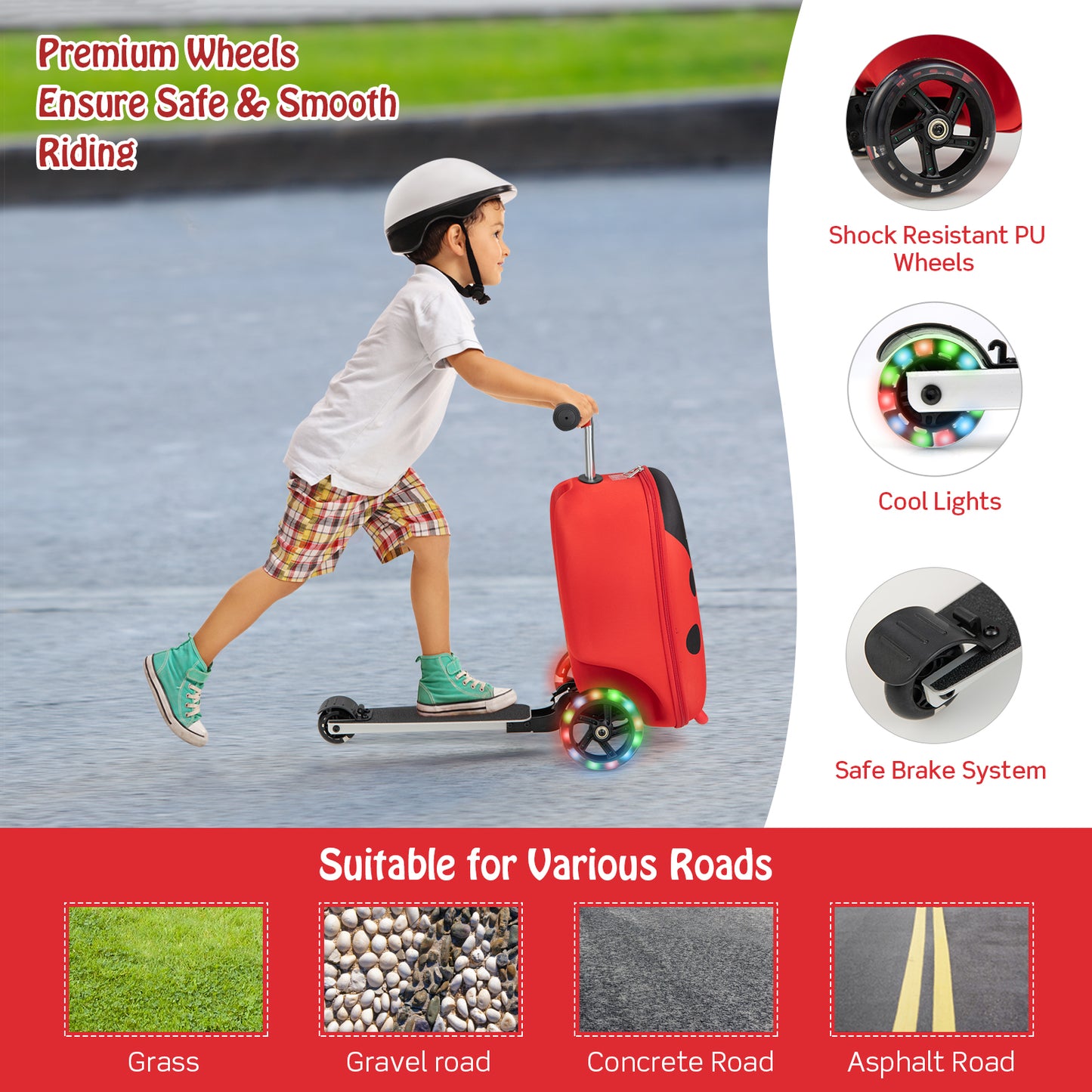 2-in-1 Folding Kids Scooter with Suitcase and 3 Color Lighted Wheels-Red