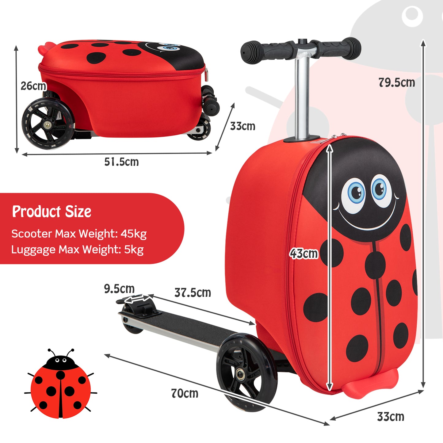 2-in-1 Folding Kids Scooter with Suitcase and 3 Color Lighted Wheels-Red