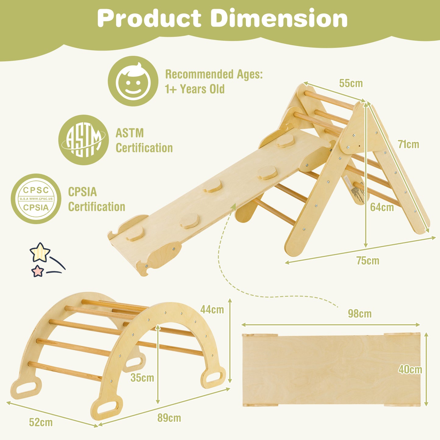 Triangle Climbing Toys with Climbing Triangle Arch Ramp for 1+ Years Old-Natural