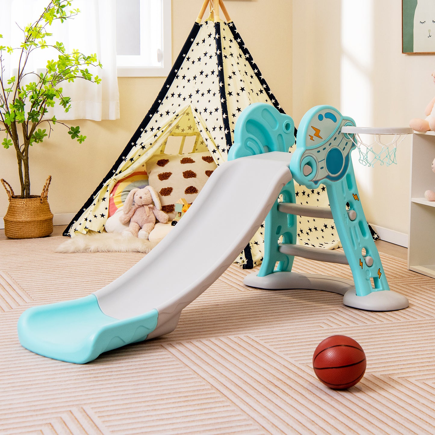 3-in-1 Indoor Slide with Basketball Hoop & Small Basketball for Kids-Blue