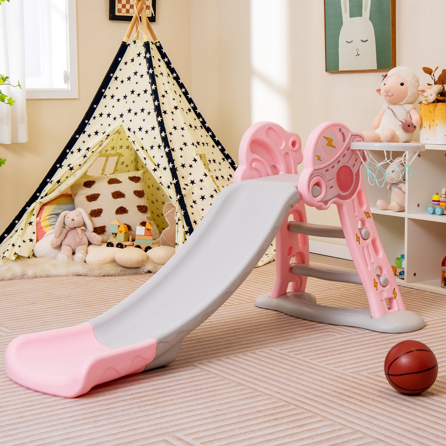 3-in-1 Indoor Slide with Basketball Hoop &amp; Small Basketball for Kids-Pink