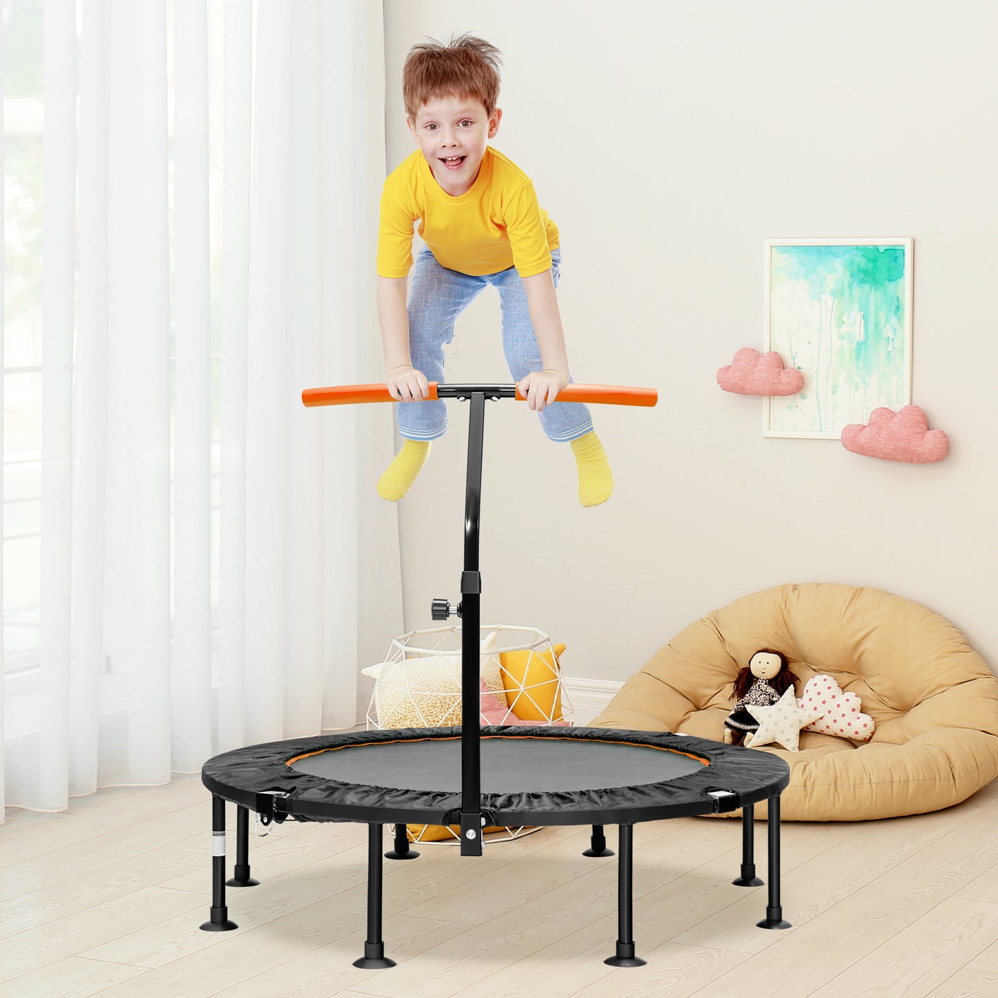 110 CM Mini Trampoline Bounce with Height Adjustable Handrail-Orange