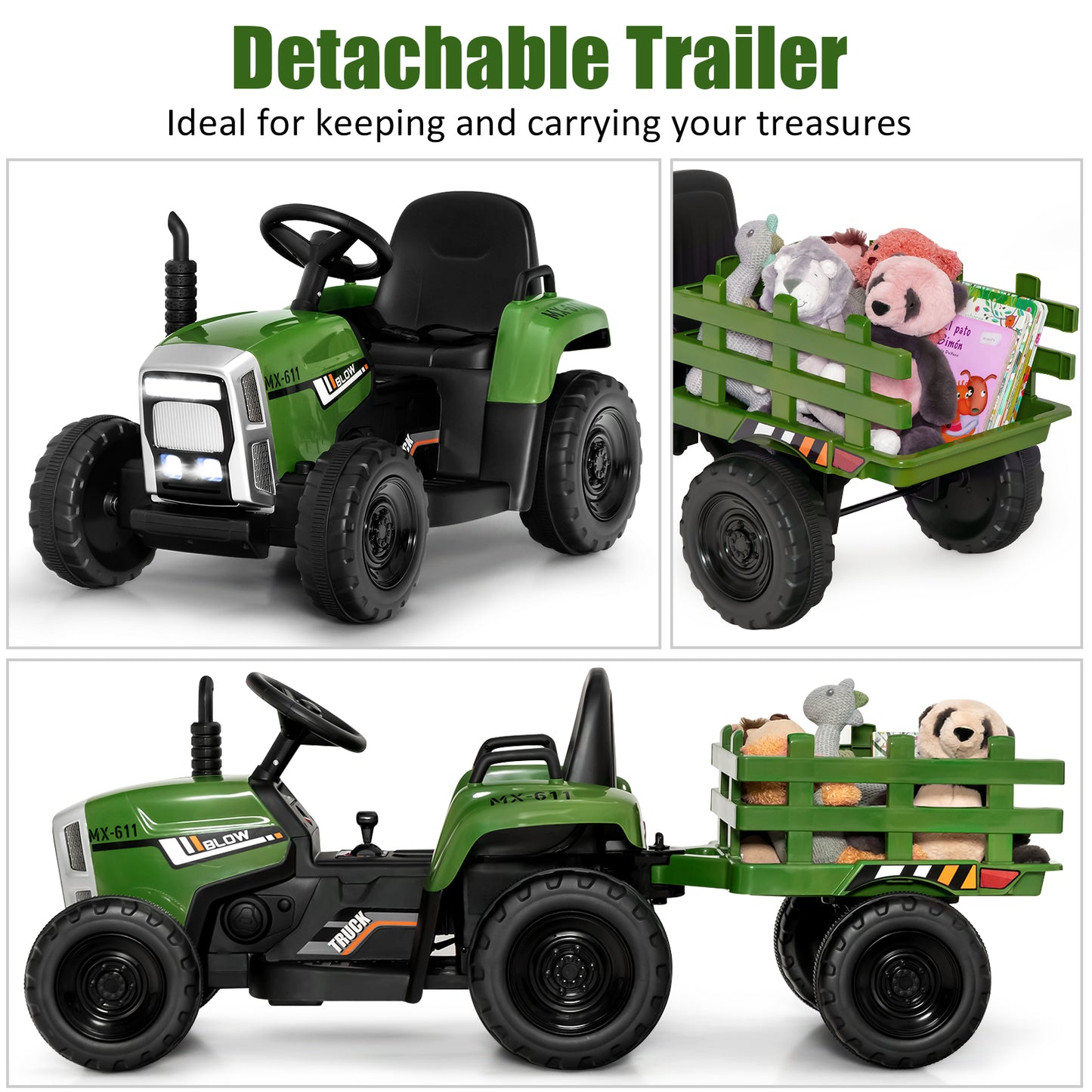 12V Kids Ride On Tractor with Trailer Music and LED Lights-Dark Green