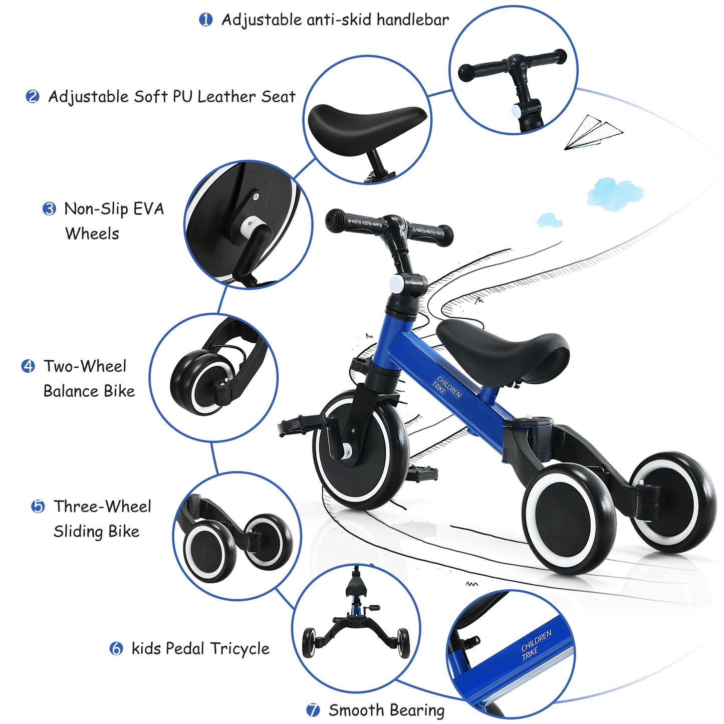 Convertible Balance Bike Kids Trike with Detachable Pedal for 1-4 Years Old Kids-Blue