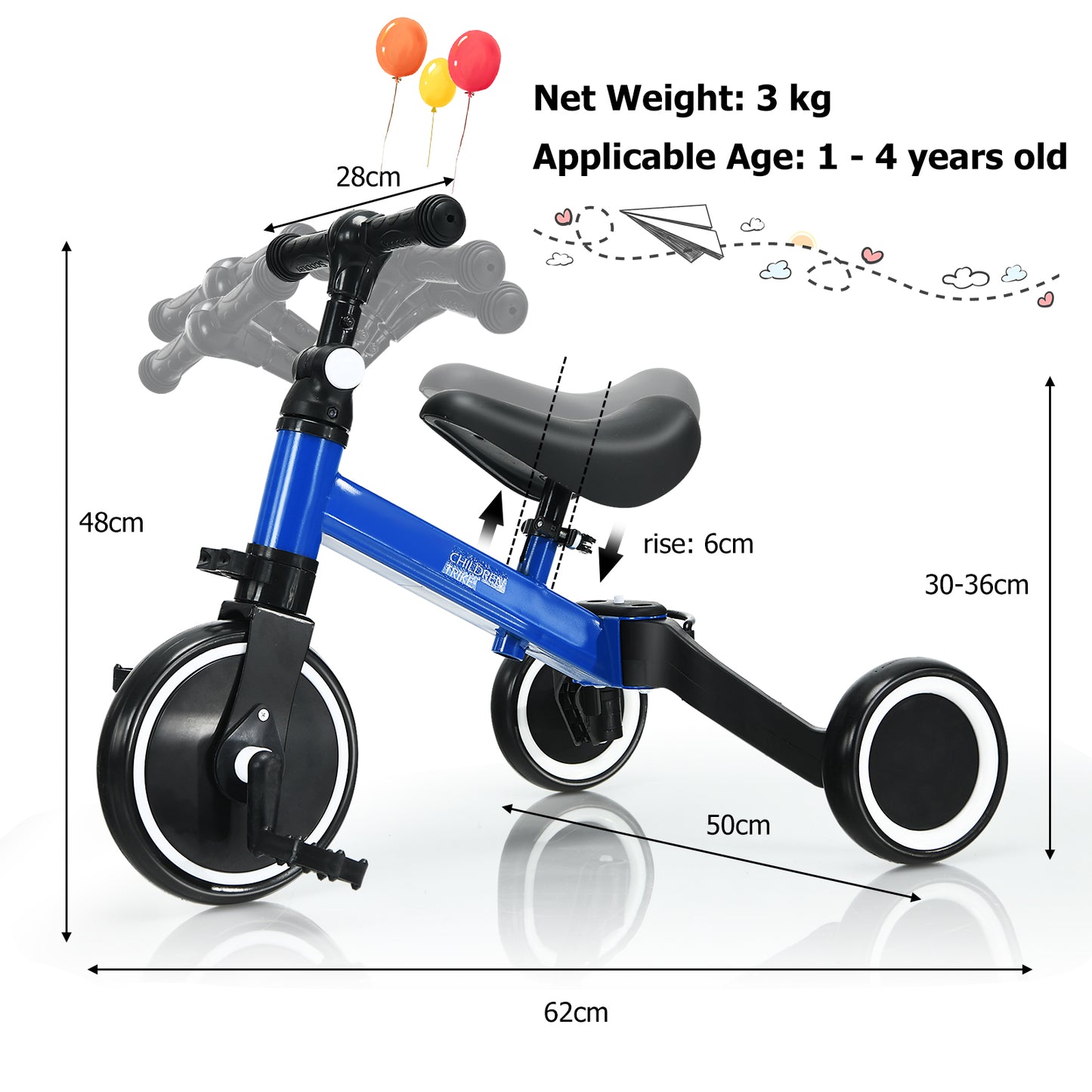 Convertible Balance Bike Kids Trike with Detachable Pedal for 1-4 Years Old Kids-Blue