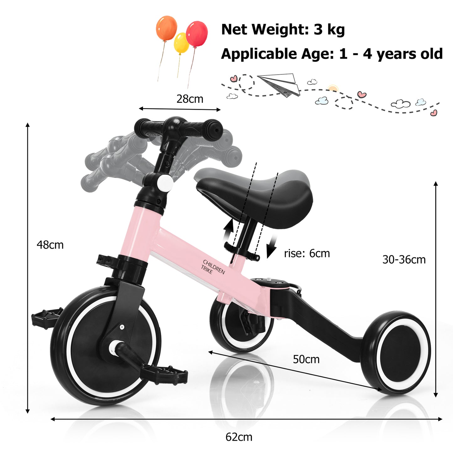 Convertible Balance Bike Kids Trike with Detachable Pedal for 1-4 Years Old Kids-Pink