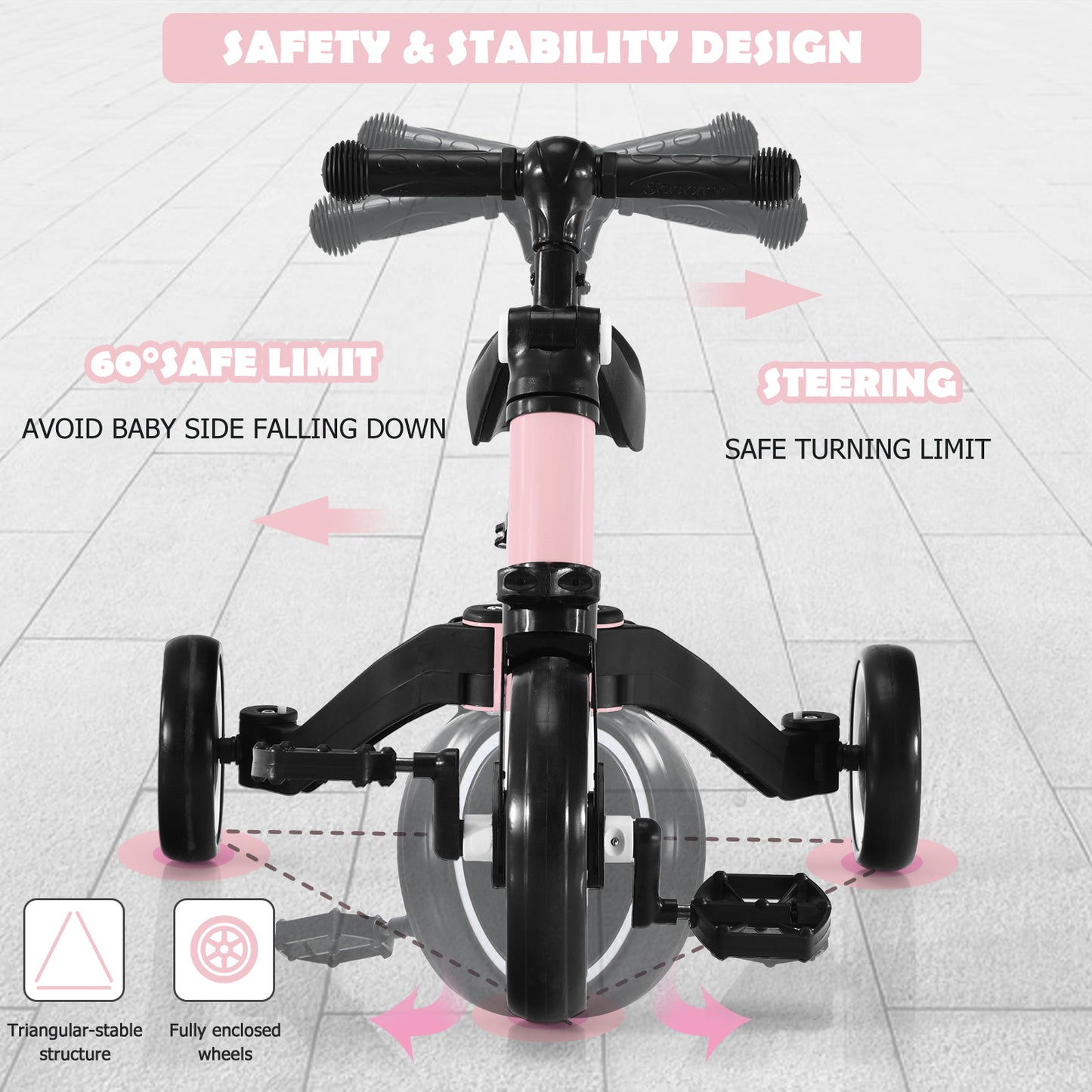 Convertible Balance Bike Kids Trike with Detachable Pedal for 1-4 Years Old Kids-Pink