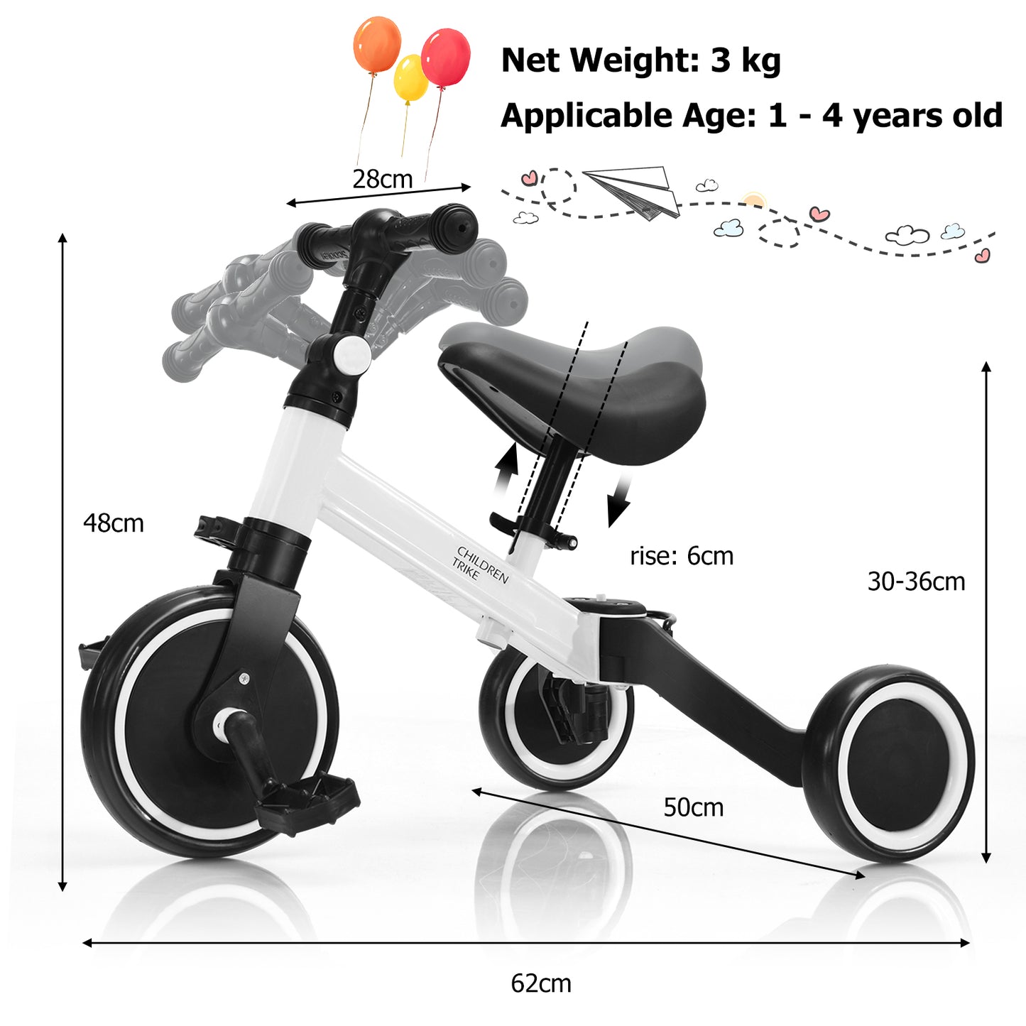 Convertible Balance Bike Kids Trike with Detachable Pedal for 1-4 Years Old Kids-White