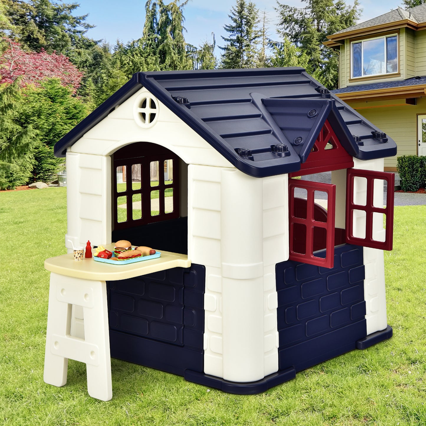 Outdoor Cottage Pretend Play Center with Picnic Table and Food Toy Set-Blue