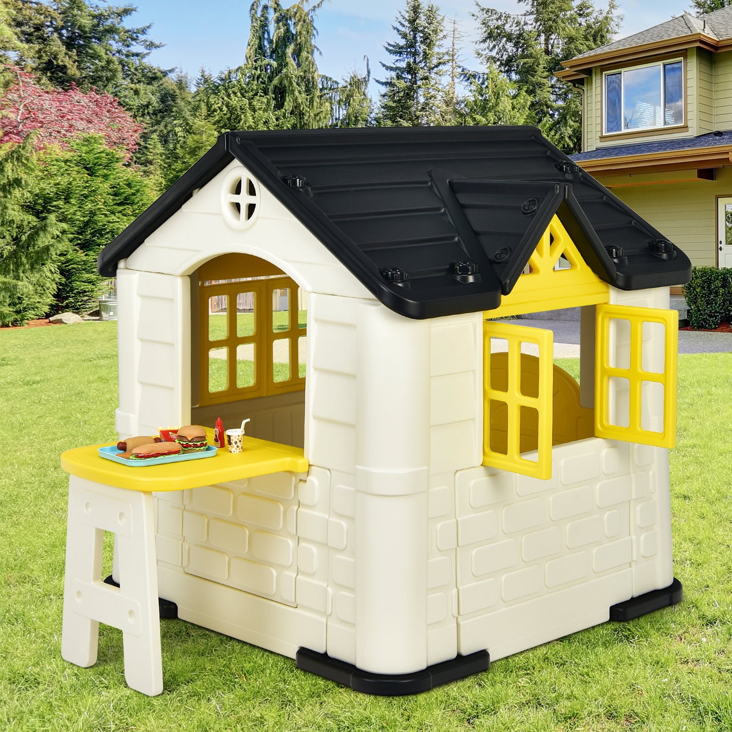 Outdoor Cottage Pretend Play Center with Picnic Table and Food Toy Set-Yellow