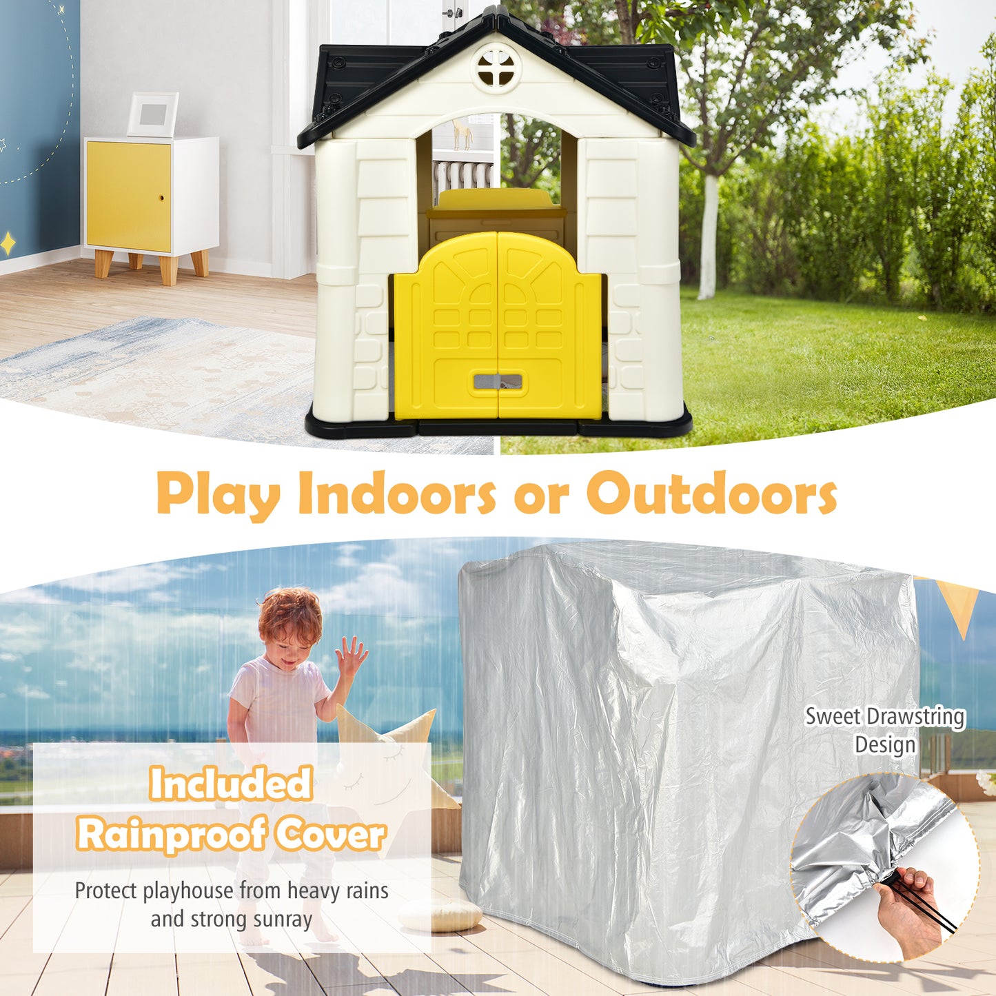 Outdoor Cottage Pretend Play Center with Picnic Table and Food Toy Set-Yellow