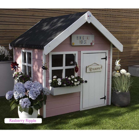 Little Rascals Tinkerbell Wooden Playhouse front right in raspbery ripple