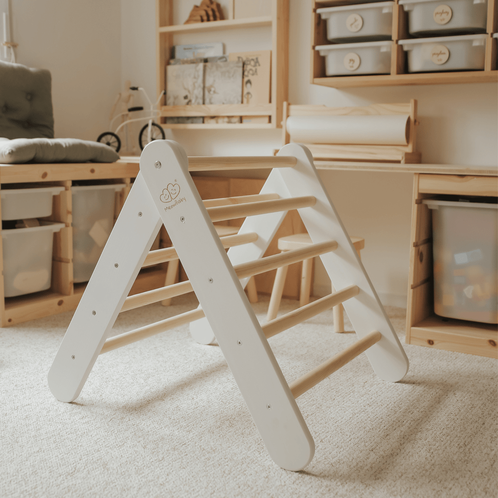 play room with Montessori Wooden Climbing Triangle - White