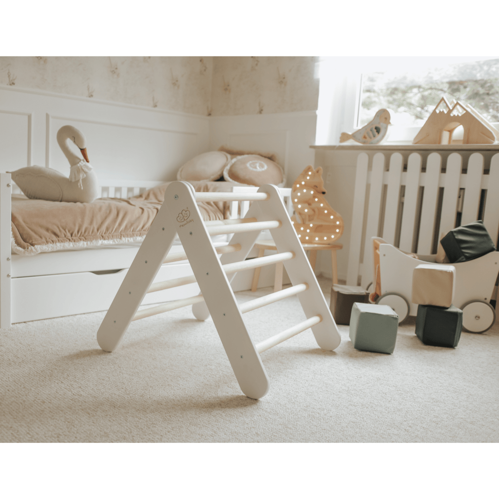 bedroom with Montessori Wooden Climbing Triangle - White