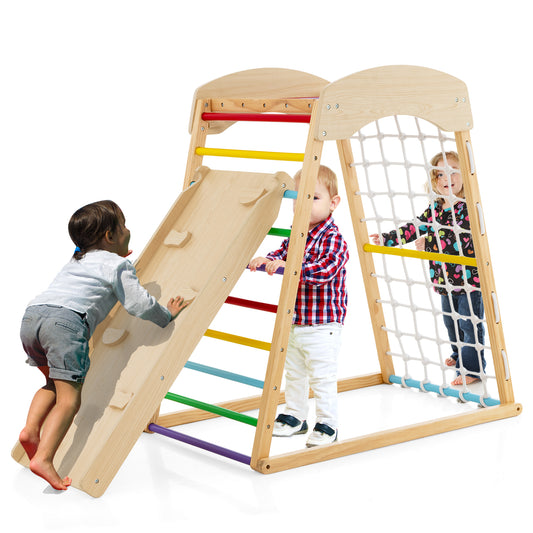 6-in-1 Jungle Gym Wooden Indoor Playground with Double-sided Ramp-Multicolor