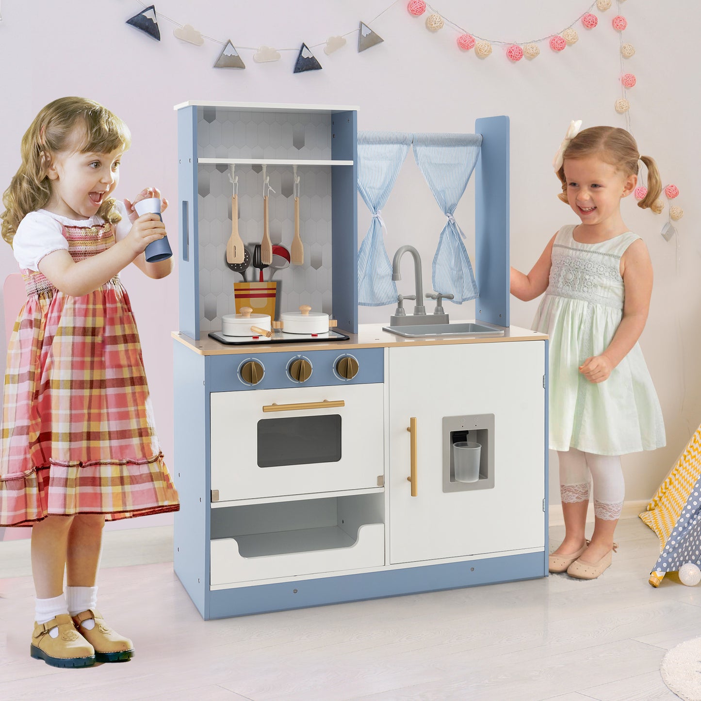 Wooden Kitchen Playset with Cookware and Storage for Kids-Blue