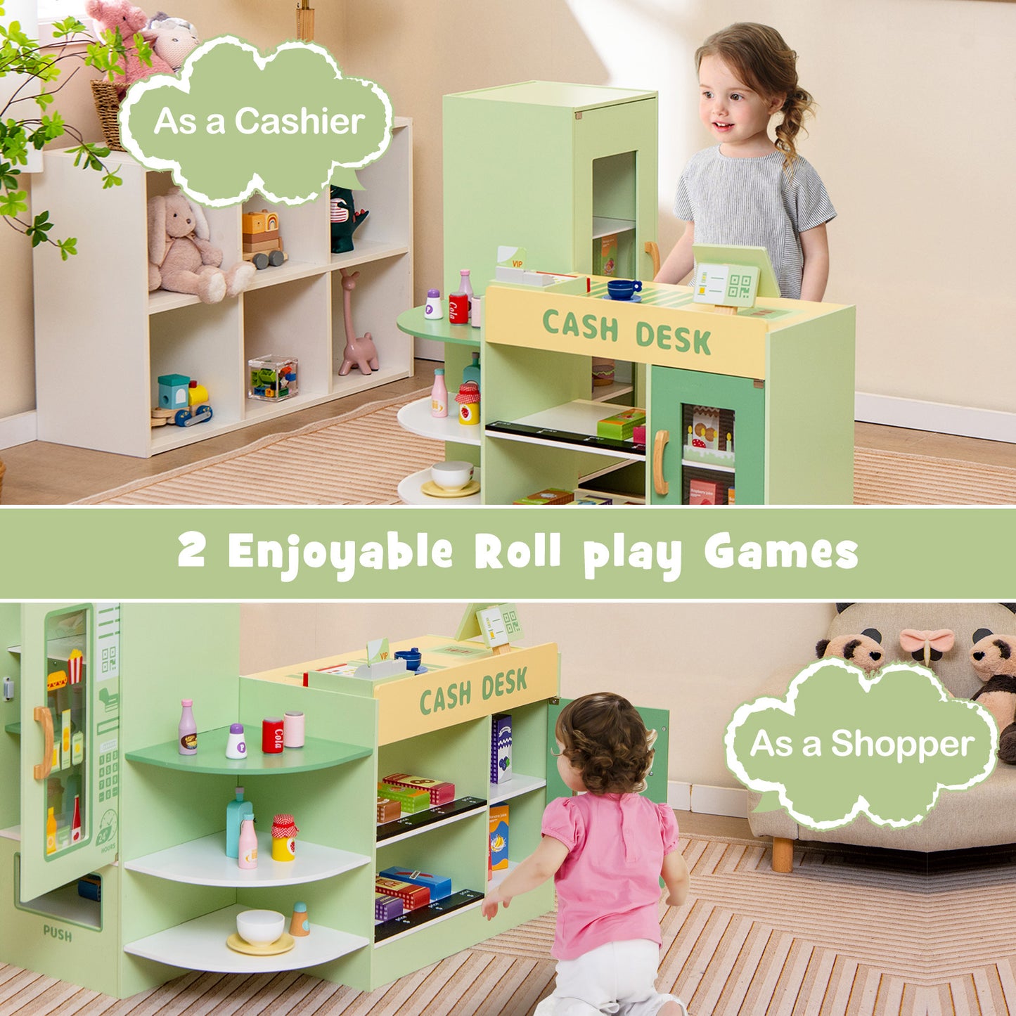 Kids Wooden Grocery Store Supermarket Play Toy Set-Green