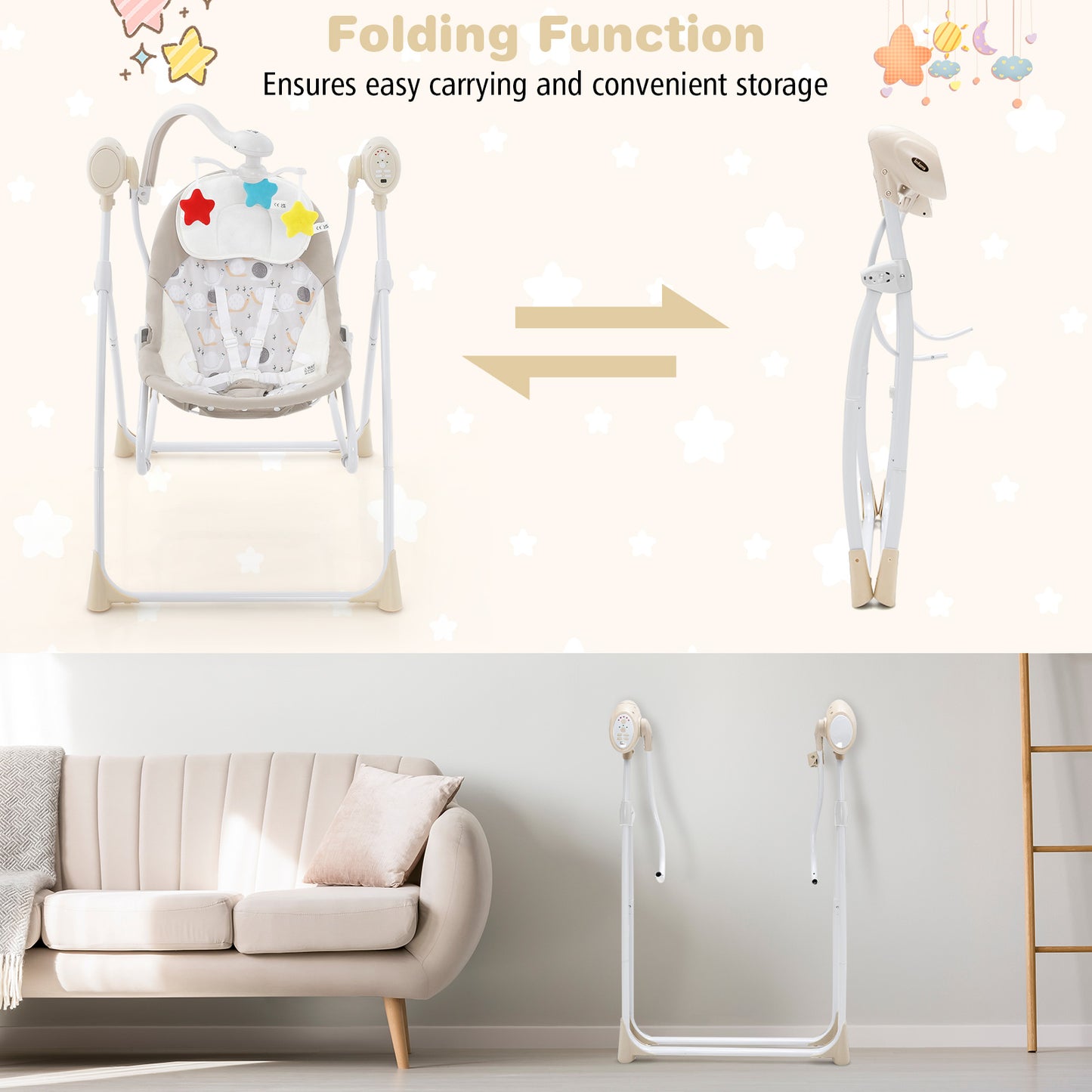 Portable 2-in-1 Baby Swing with 3 Swing Speed and 3 Timer Settings-Beige