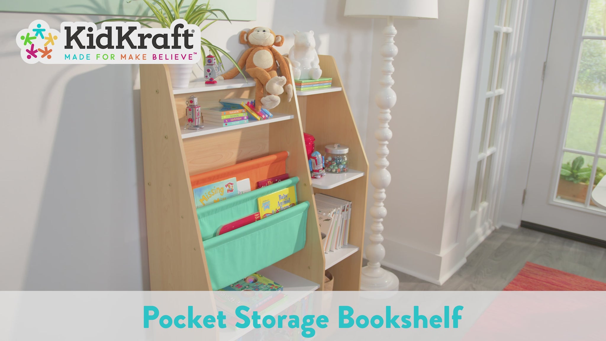 video of KidKraft Pocket Storage Bookshelf - Natural
