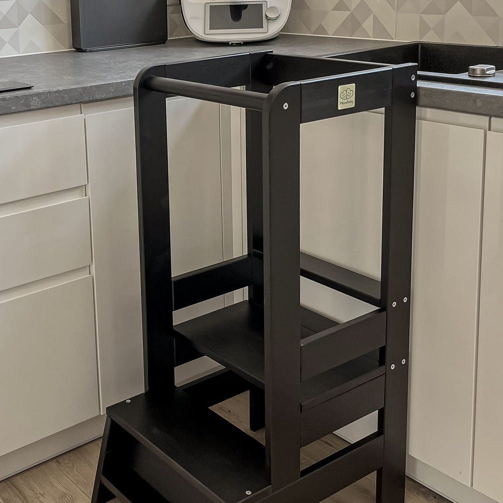 Wooden Kitchen Helper - Learning Tower - Black by sink