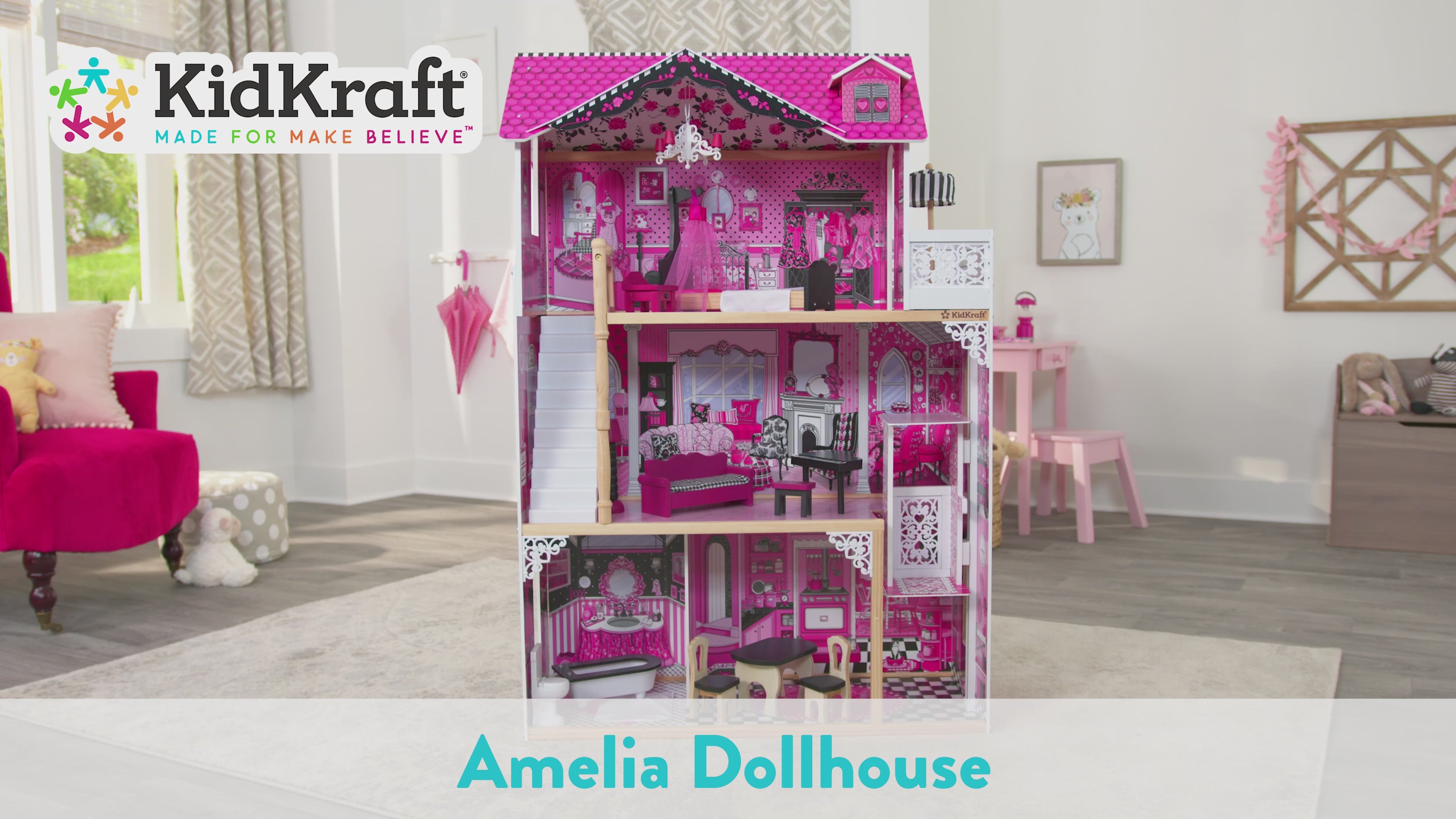KidKraft Amelia Wooden Dollhouse with Elevator, Balcony and 15-Piece  Accessories, Pink, Gift for Ages 3+, Dollhouses -  Canada