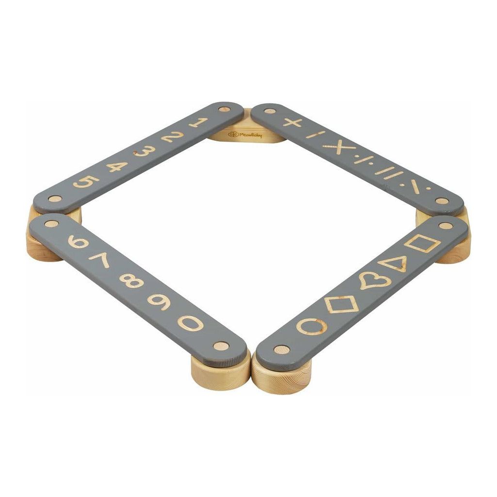 Wooden Balance Beam - 4 Piece Set in grey with numbers and shapes