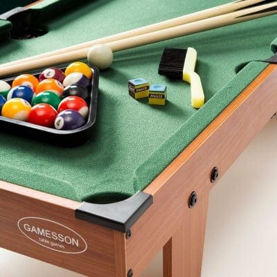 close up of brush, chalk and balls from Gamesson 3Ft Lth Mini Pool Table