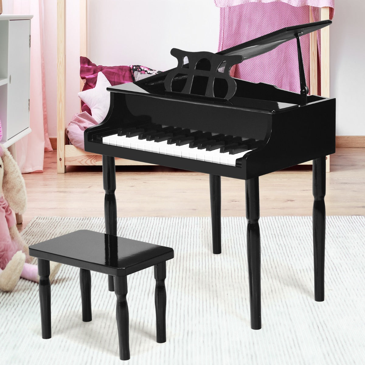 30-Key Classical Learn-to-Play Musical Instrument Toy with Music Stand and Solid Wood Legs-Black