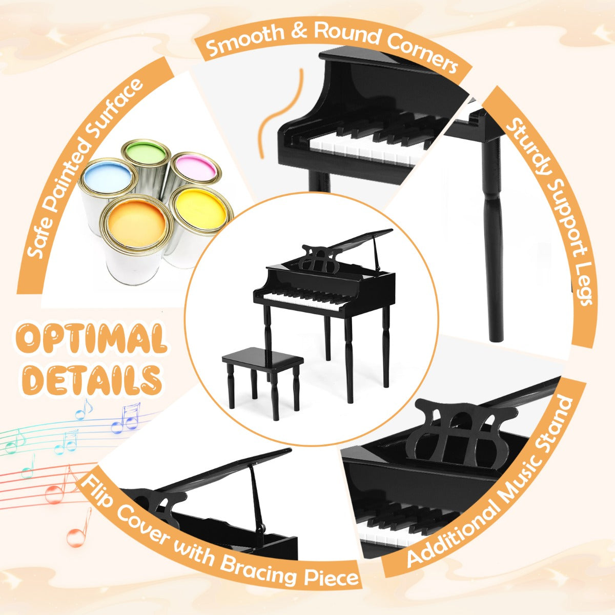 30-Key Classical Learn-to-Play Musical Instrument Toy with Music Stand and Solid Wood Legs-Black