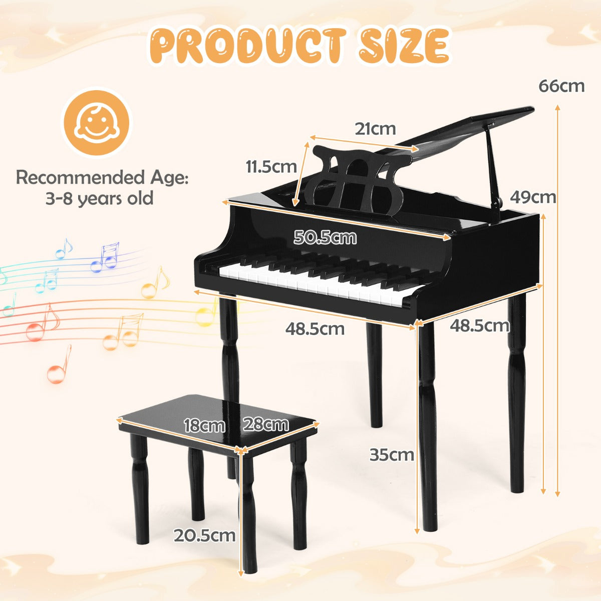 30-Key Classical Learn-to-Play Musical Instrument Toy with Music Stand and Solid Wood Legs-Black