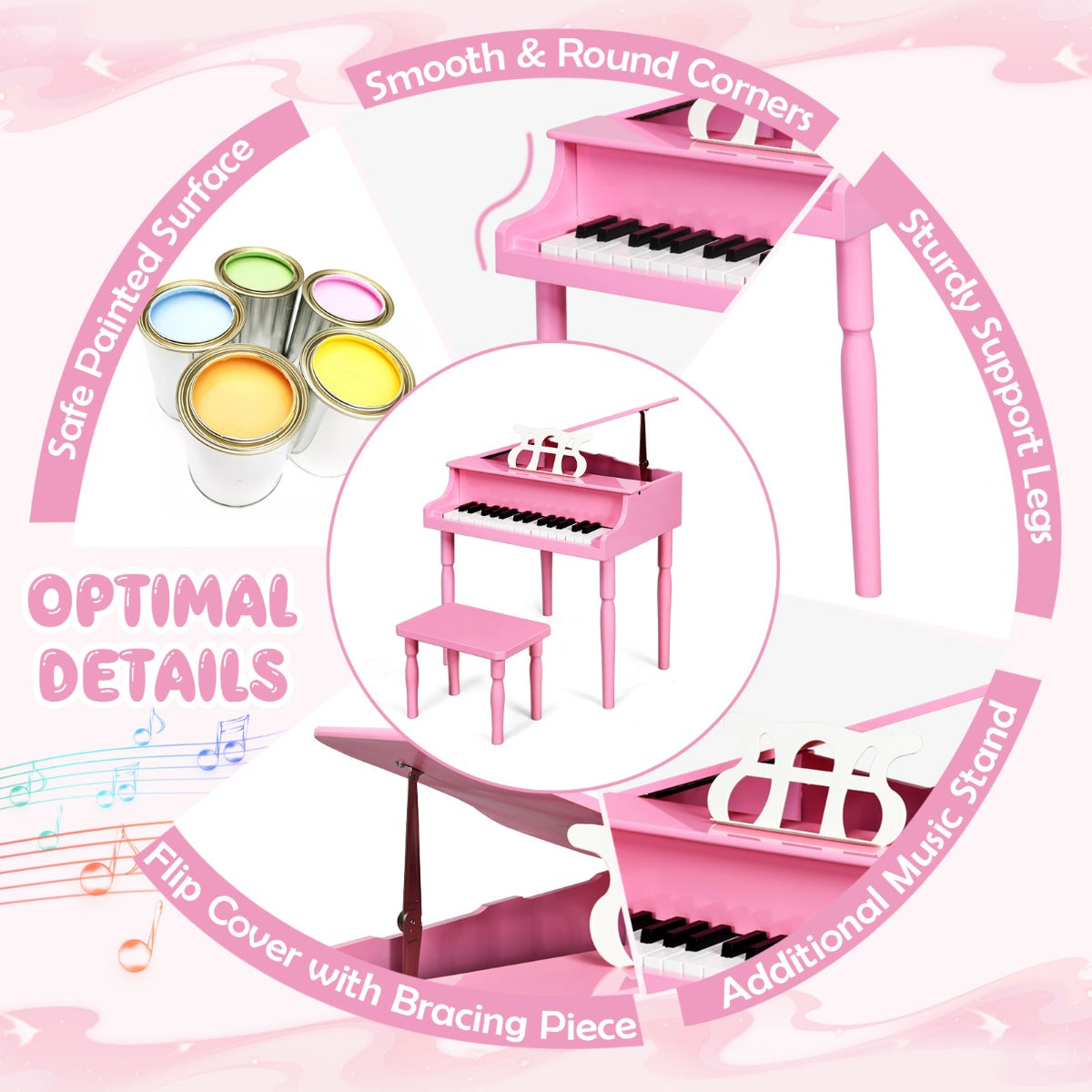 30-Key Classical Learn-to-Play Musical Instrument Toy with Music Stand and Solid Wood Legs-Pink