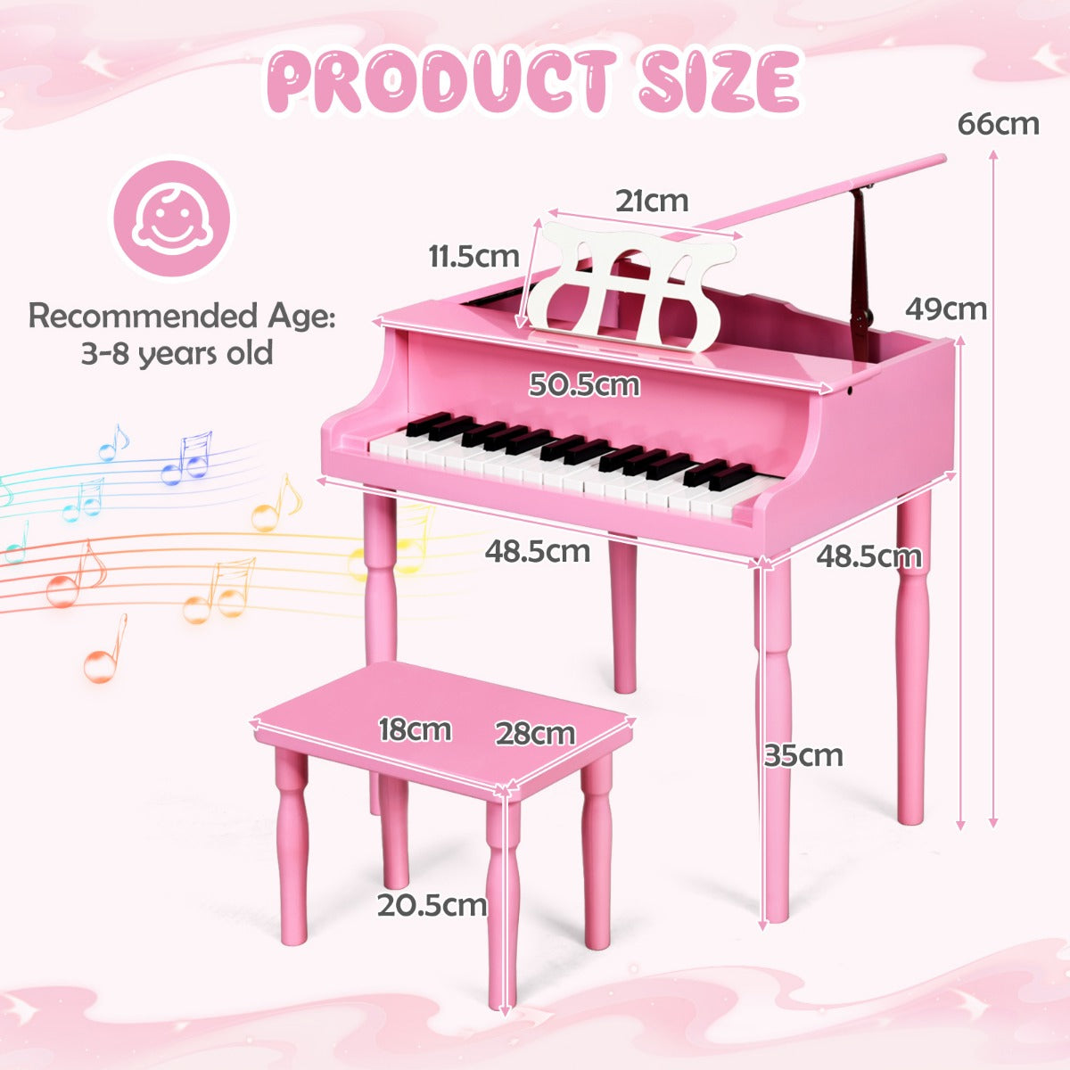 30-Key Classical Learn-to-Play Musical Instrument Toy with Music Stand and Solid Wood Legs-Pink