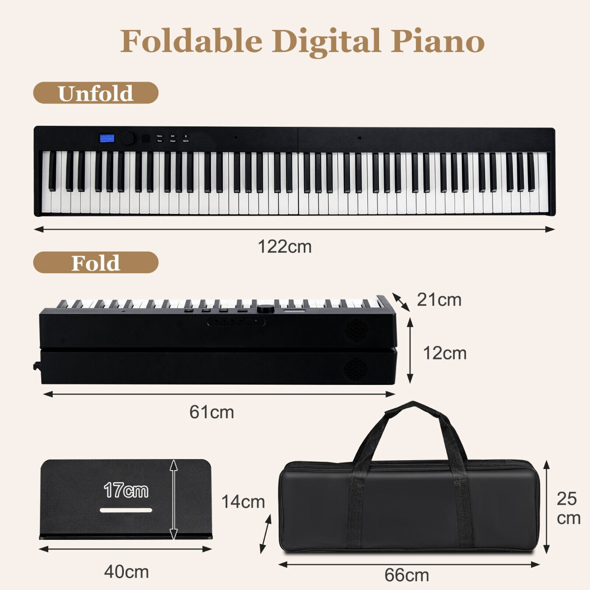 88-Key Foldable Full-Size Semi-Weighted Digital Piano Keyboard with MIDI-Black