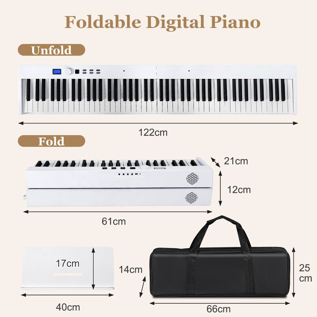 88-Key Foldable Full-Size Semi-Weighted Digital Piano Keyboard with MIDI-White