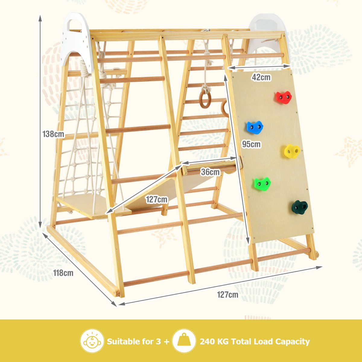 8-in-1 Jungle Gym Playset Wooden Climber Play Set with Monkey Bars-Natural