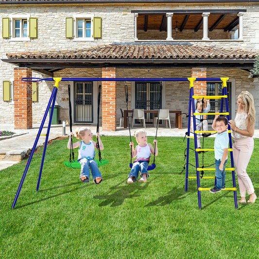 Kids Swing Set with Basketball Hoop and Climbing Ladder