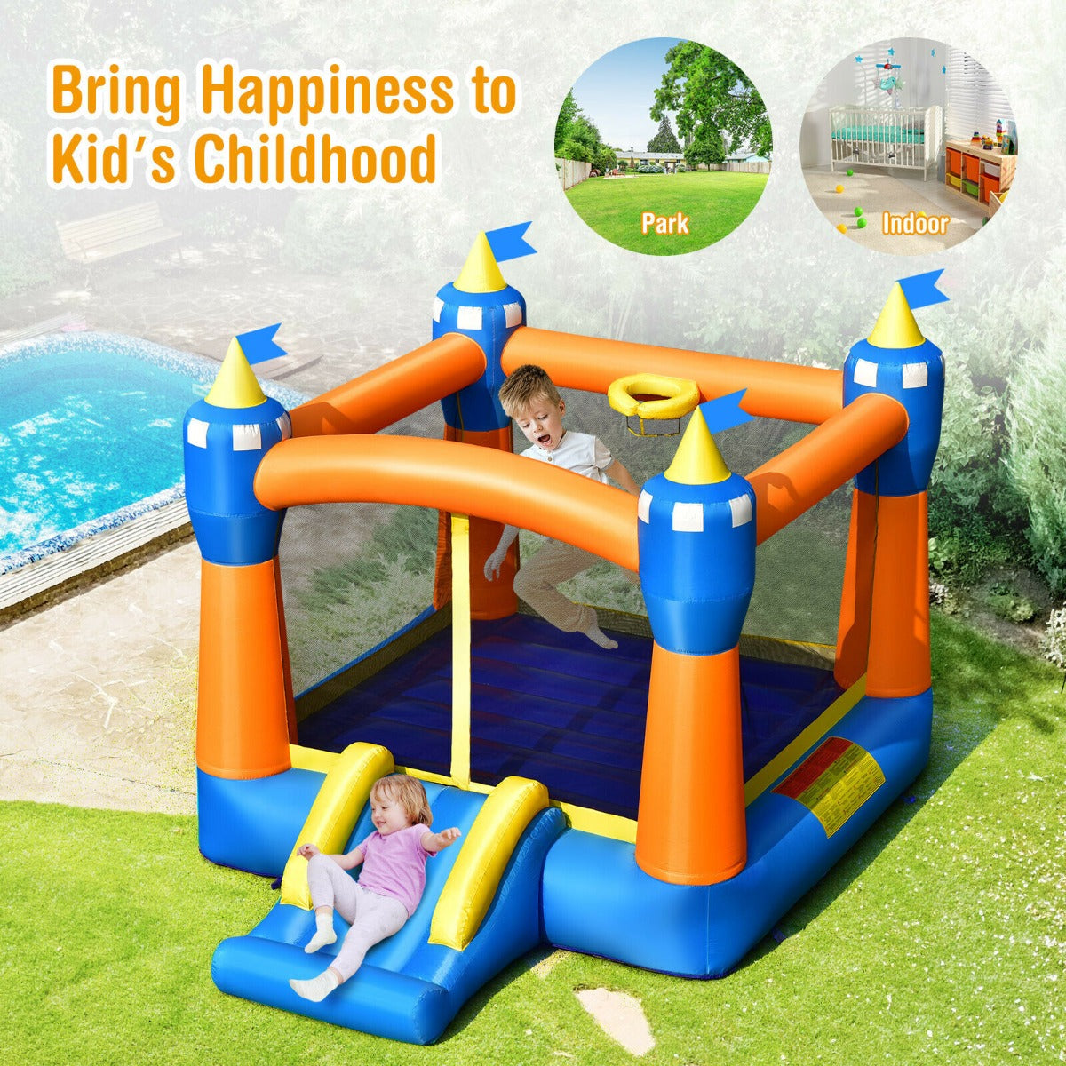 Kids Cute Castle Jumping Bouncer with Basketball Rim and Slide