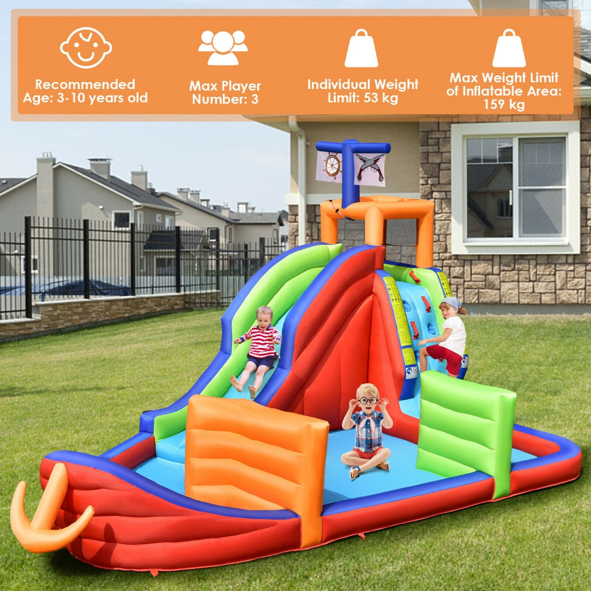 Inflatable Pirate Ship Water Slide with Splash Pool for Kids